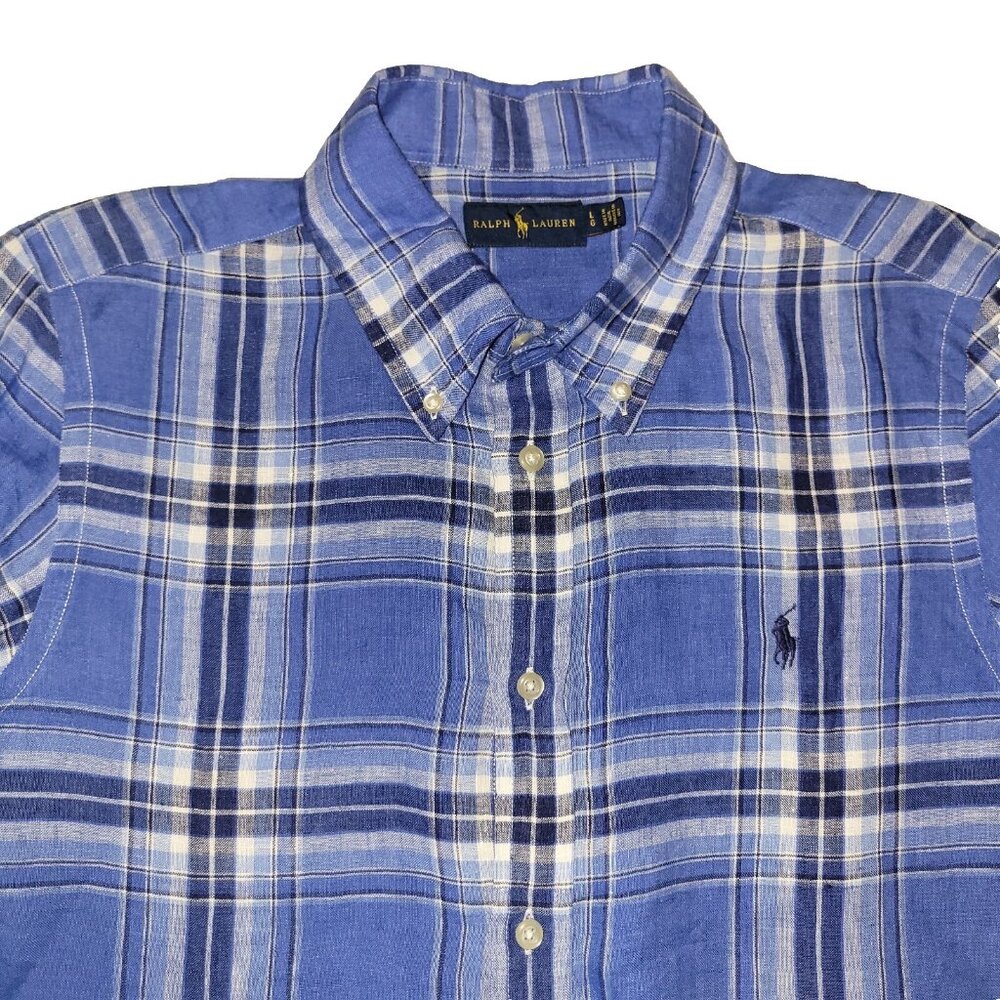 Ralph Lauren Shirt Mens Large 100% Linen Blue White Plaid LS Button-Down